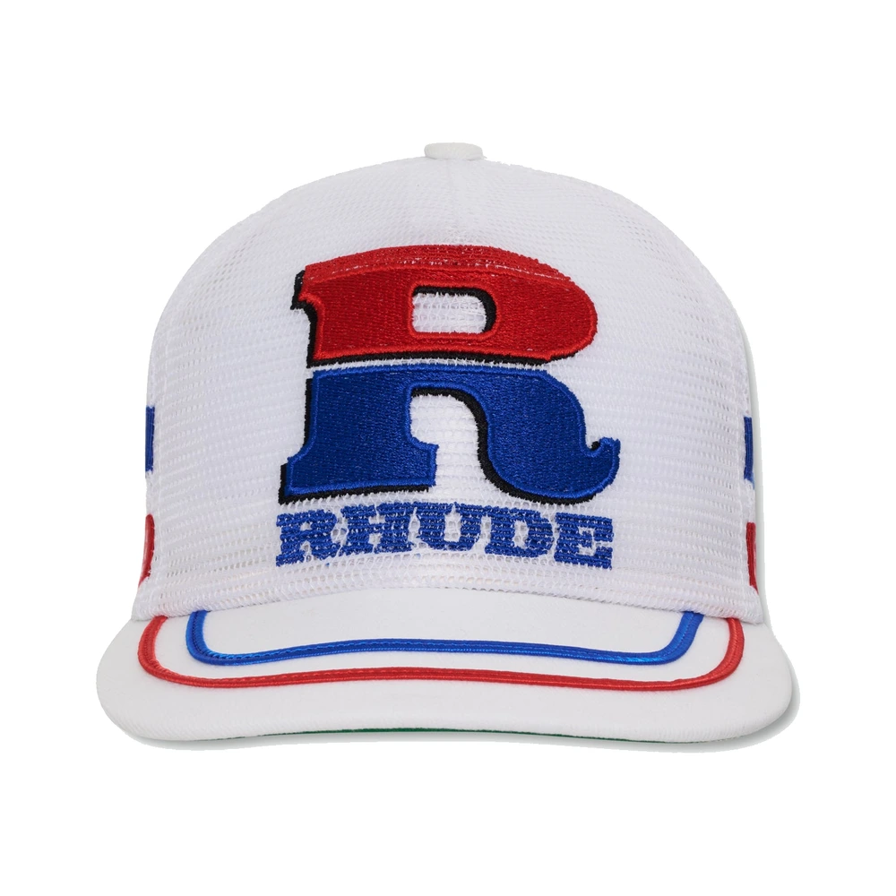 Rhude Split Petrol Logo Mesh Trucker Hat White / Blue / Red