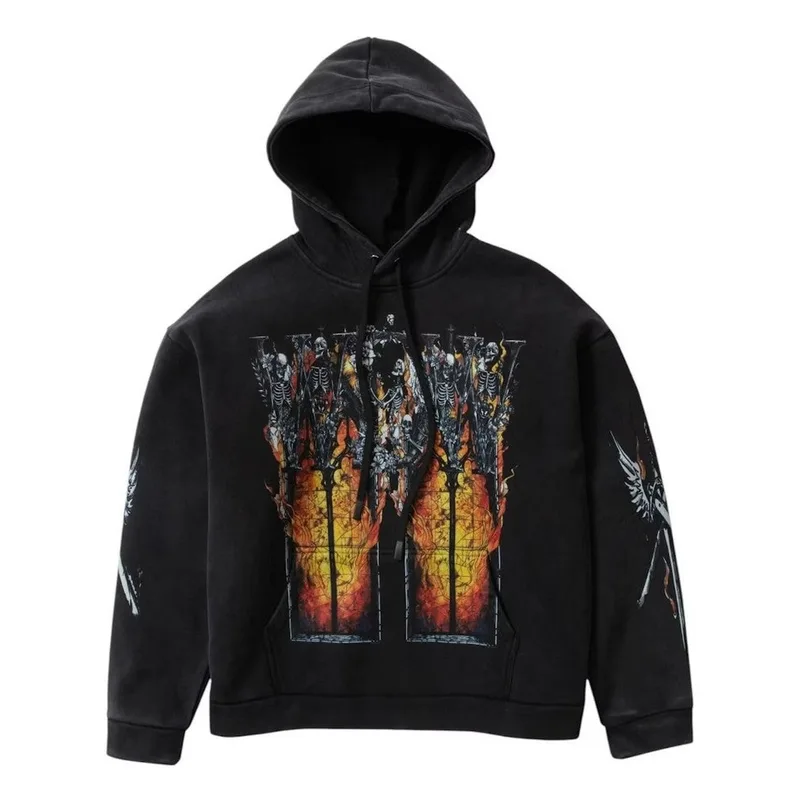 Who Decides War Ember Chapel black hoodie, front view with stained glass graphic on white