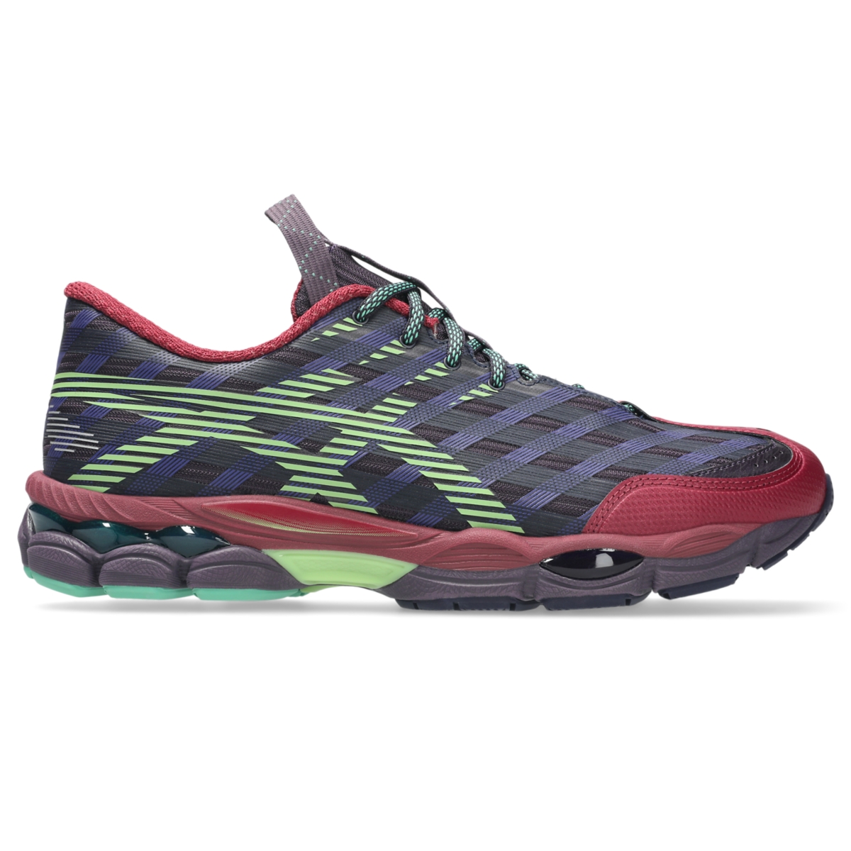 Right-facing ASICS US8-S GEL-SJ33 in Deep Plum and Fresh Grass on white