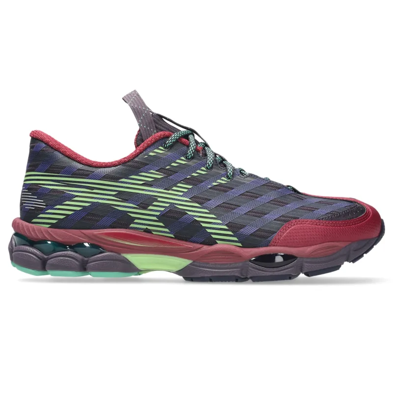 Right-facing ASICS US8-S GEL-SJ33 in Deep Plum and Fresh Grass on white