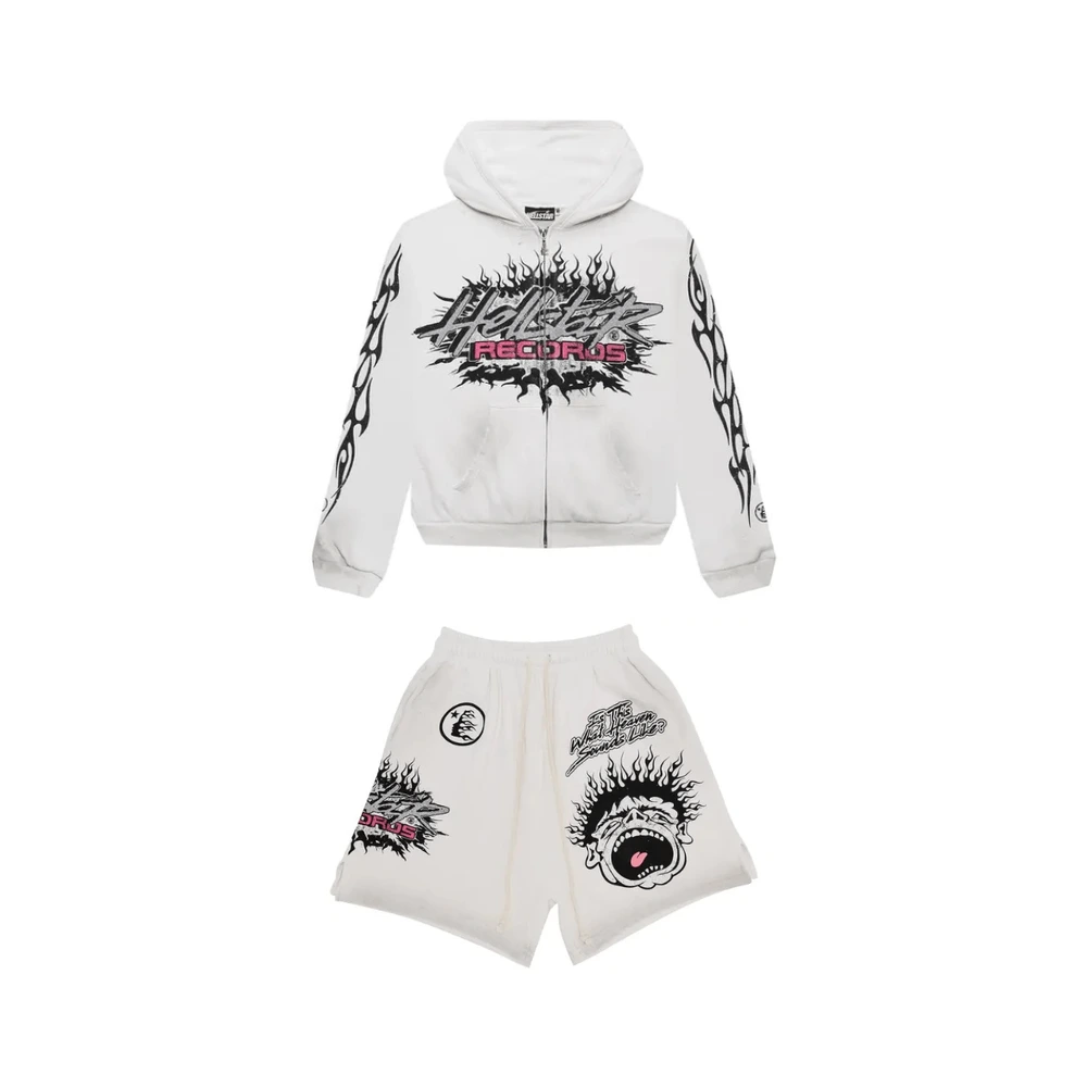 Hellstar Records Glitter Zip Hoodie and Shorts Set White