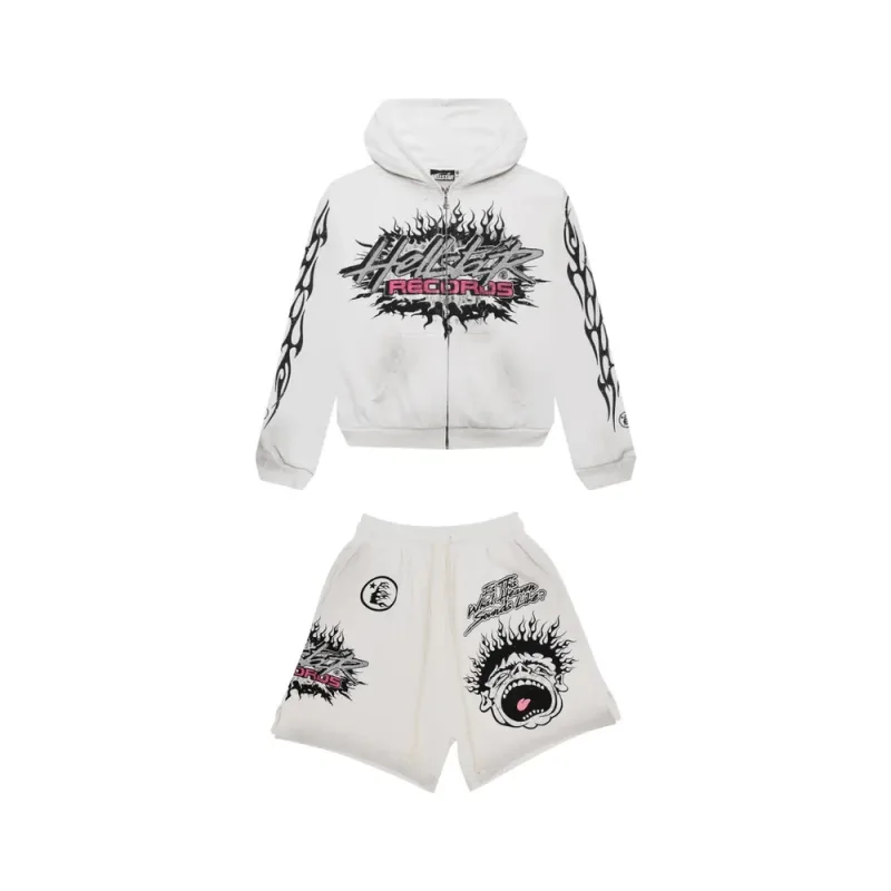 Hellstar Records Glitter Zip Hoodie and Shorts Set White