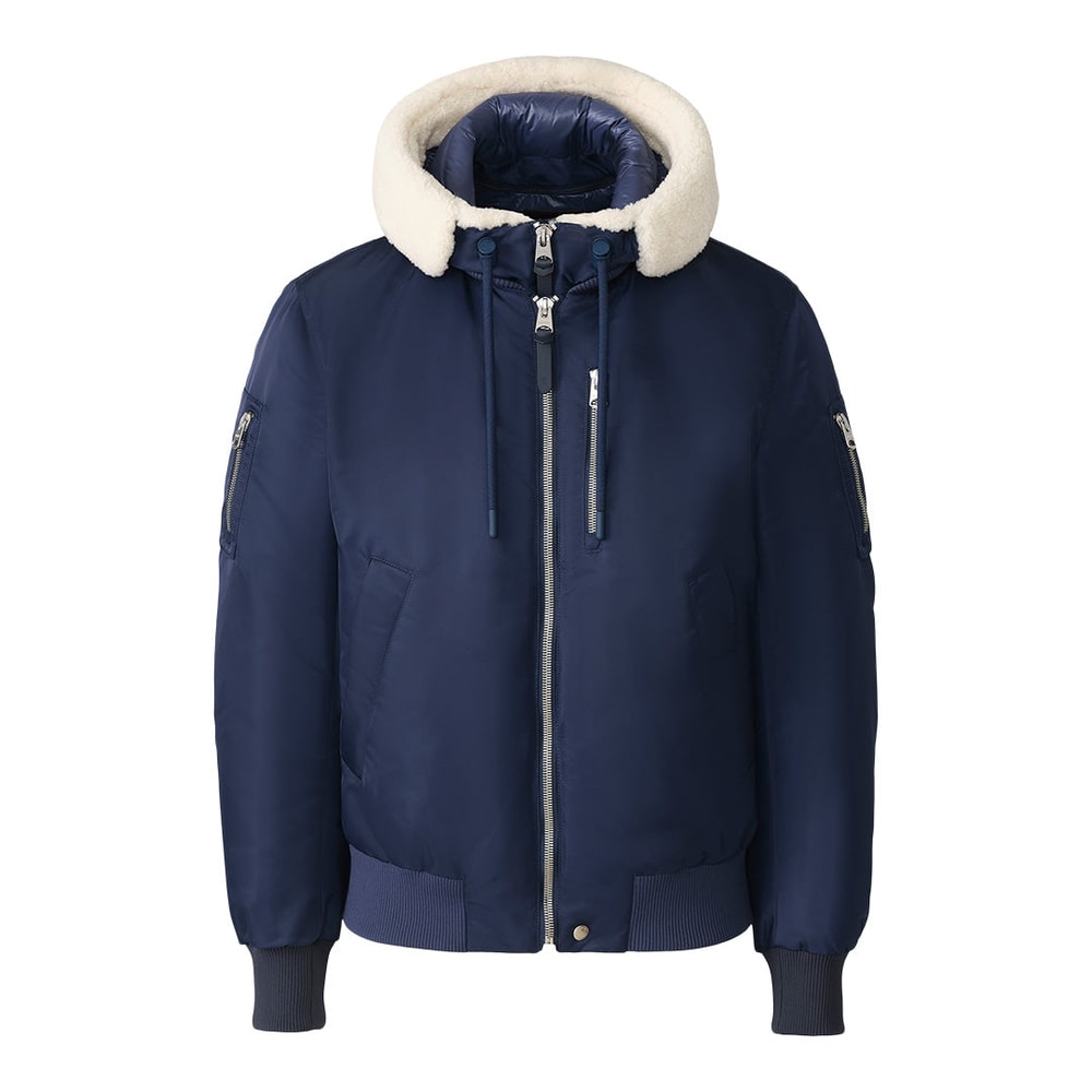 Mackage AUGUST-Z bomber jacket with shearling-trimmed hood Marine Blue