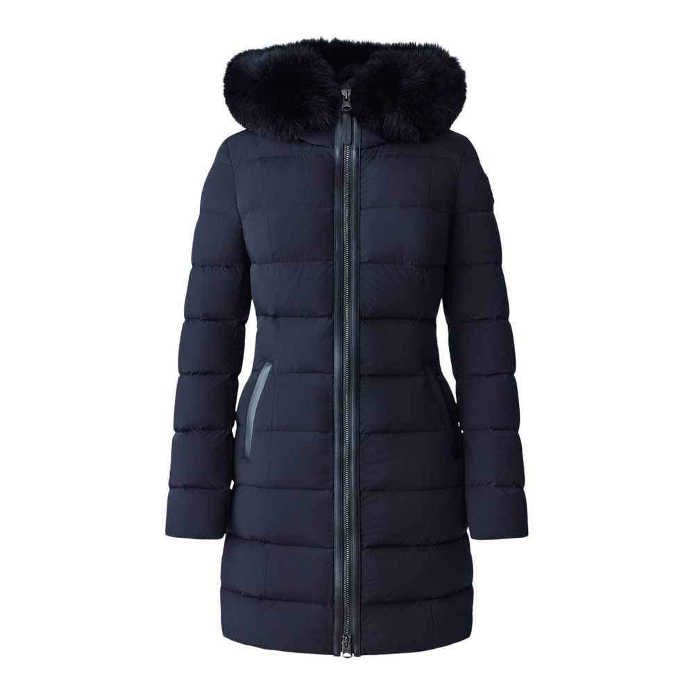 Mackage CALLA-BX Agile-360 stretch light down coat with blue fox fur collar Black