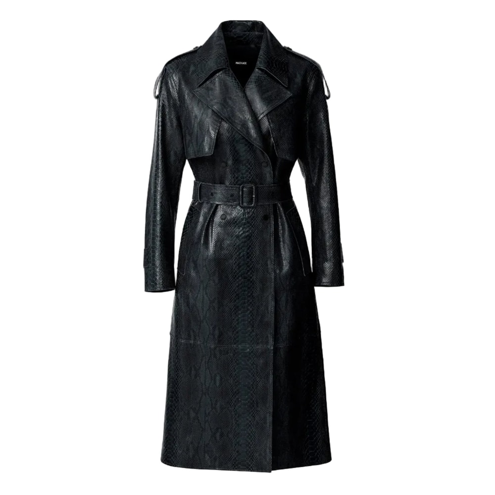 Mackage CARMELA-SNK Snake Pattern Leather Trench with Belt Black