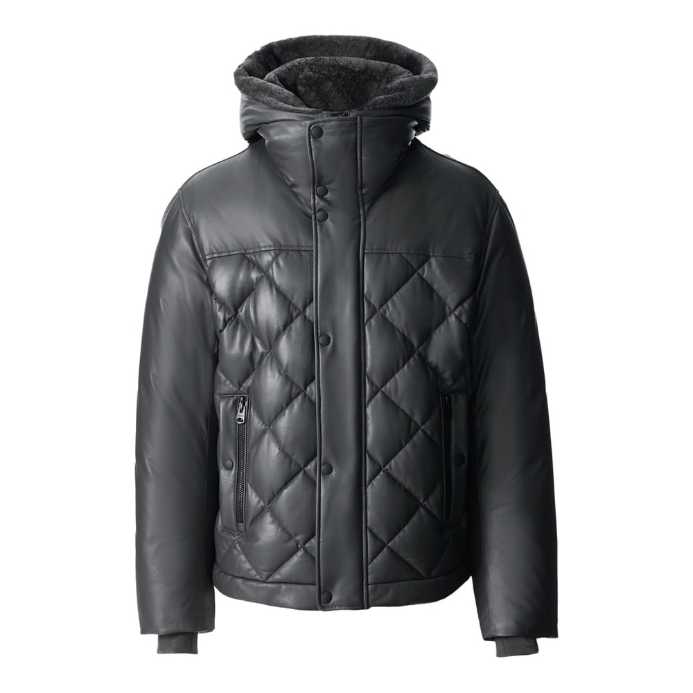 Mackage CASH Diamond-Quilted Leather Jacket With Shearling Hood Carbon