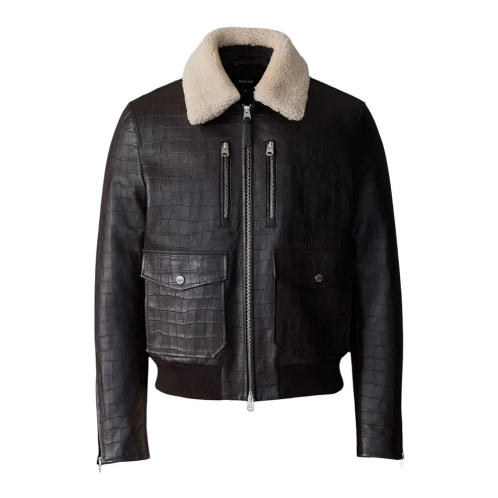 Mackage CHANCE-NV Croc-Embossed Leather Jacket with Shearling Collar Coffee