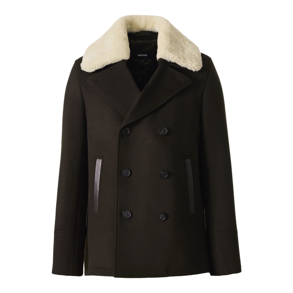 Mackage COLE wool double-breasted jacket with shearling collar Coffee
