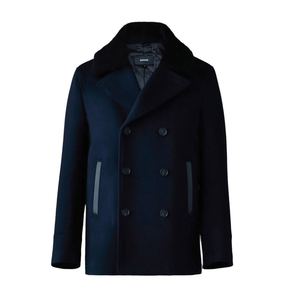 Mackage COLE wool double-breasted jacket with shearling collar Navy