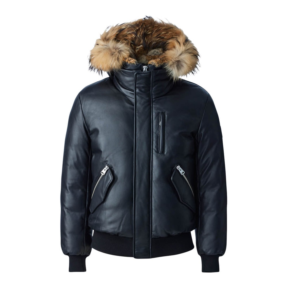 Mackage GLEN-F 2-in-1 (r) Leather bomber jacket with hooded bib & natural fur Black