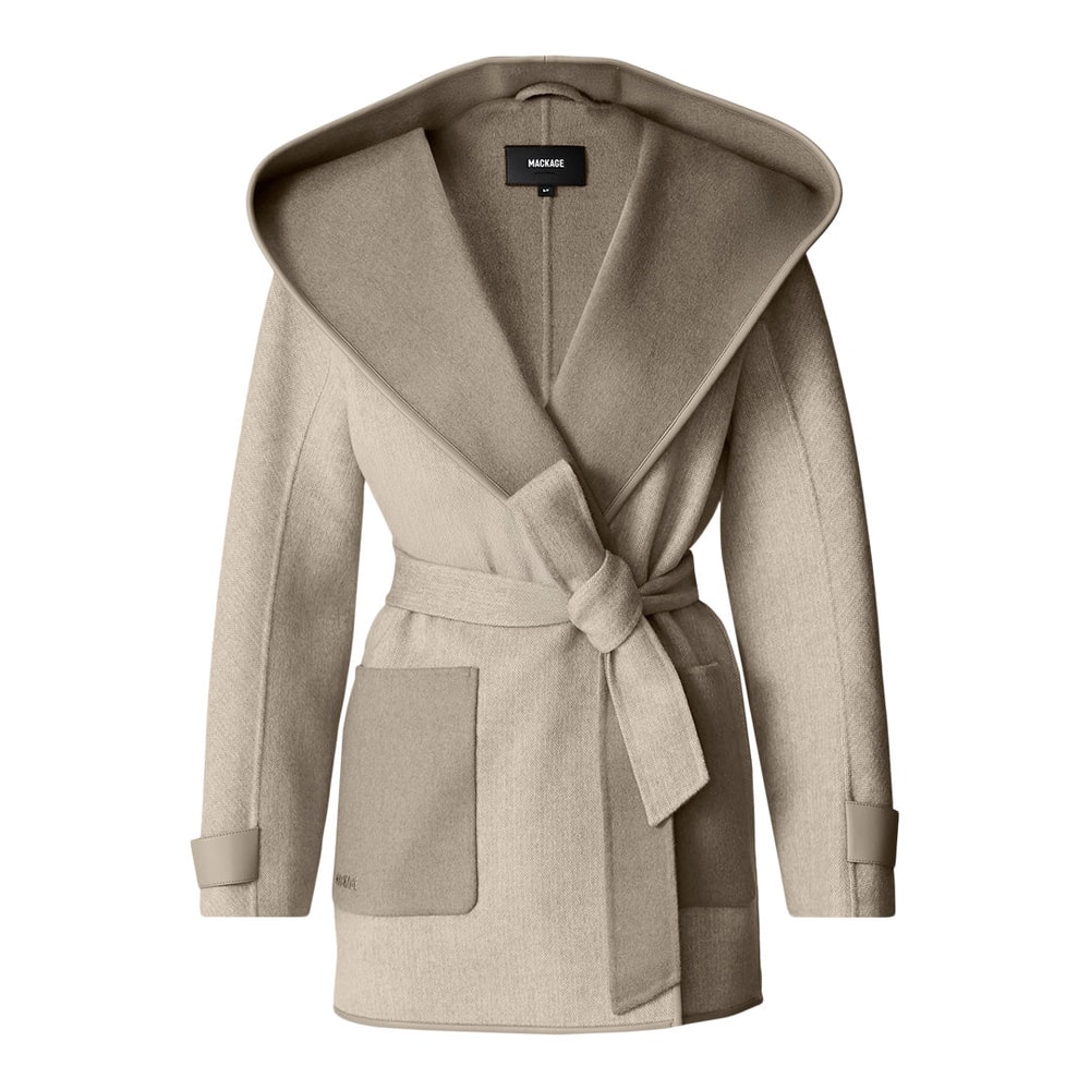 Mackage PAYA-HB Herringbone Wool Wrap Coat With Sash Belt Taupe Mix-Taupe