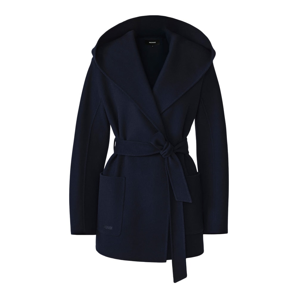 Mackage PAYA-Z Wool Wrap Coat With Sash Belt Marine Blue