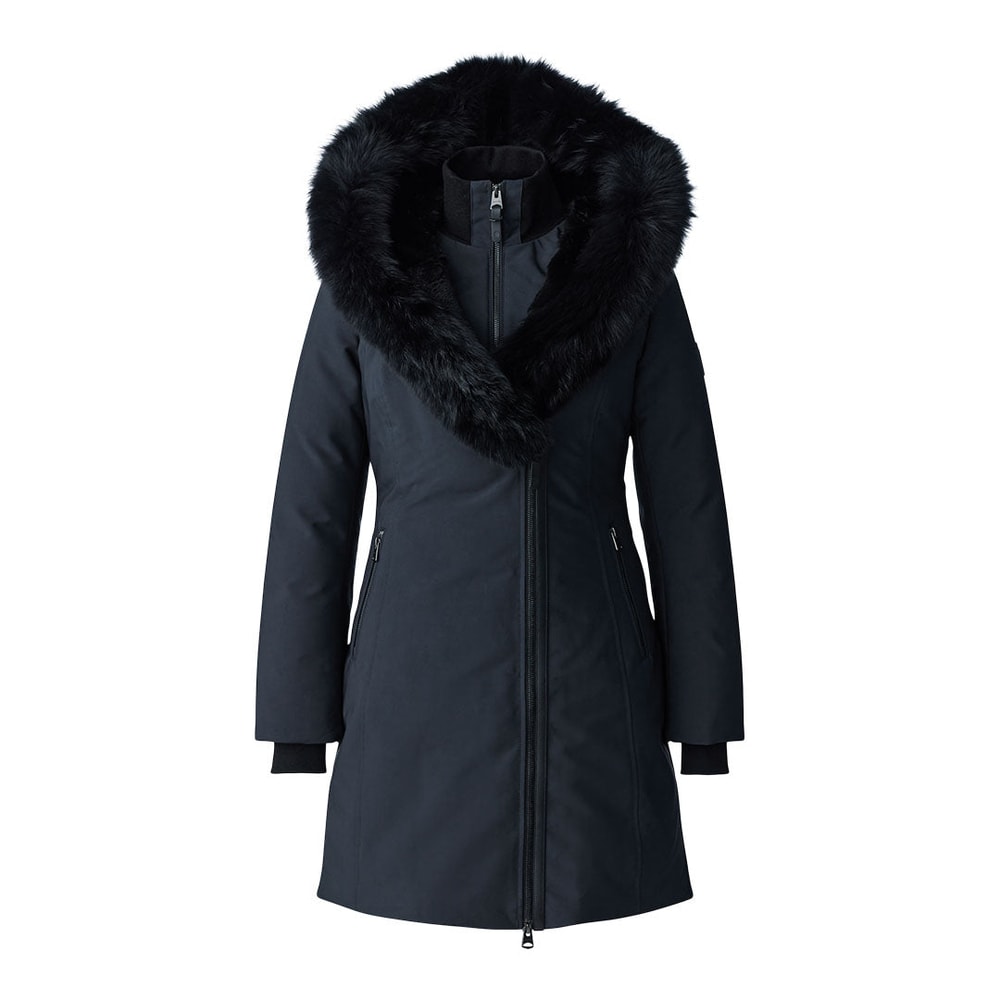Mackage TRISH-BX Powder Touch down coat with blue fur Signature Mackage Collar Black